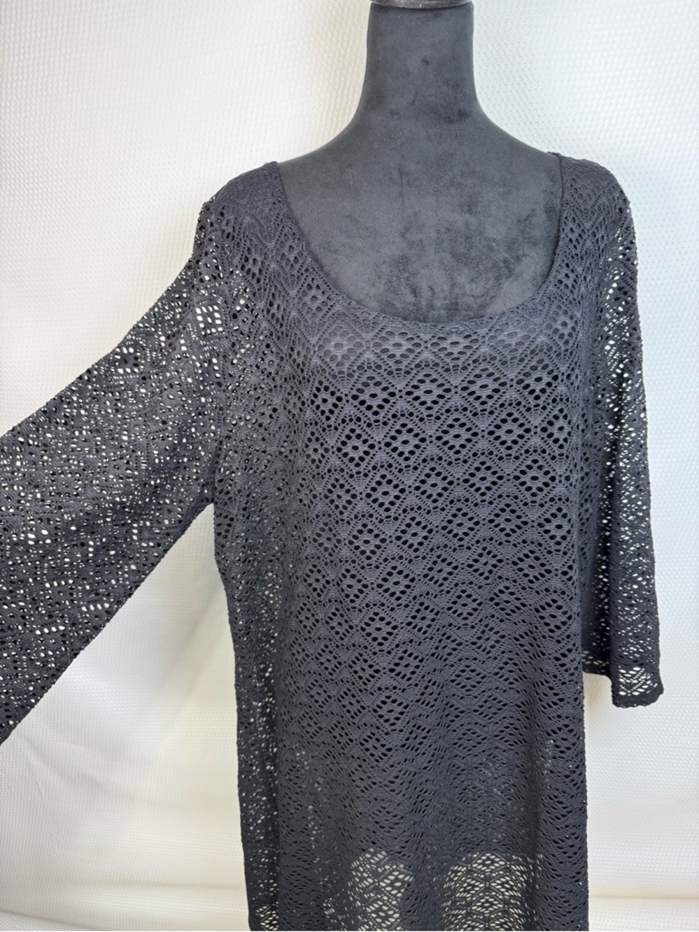 Miraclesuit Black Sheer Mesh Swim Cover-Up Tunic Dress Sz XL 3/4 Sleeves - Picture 5 of 14